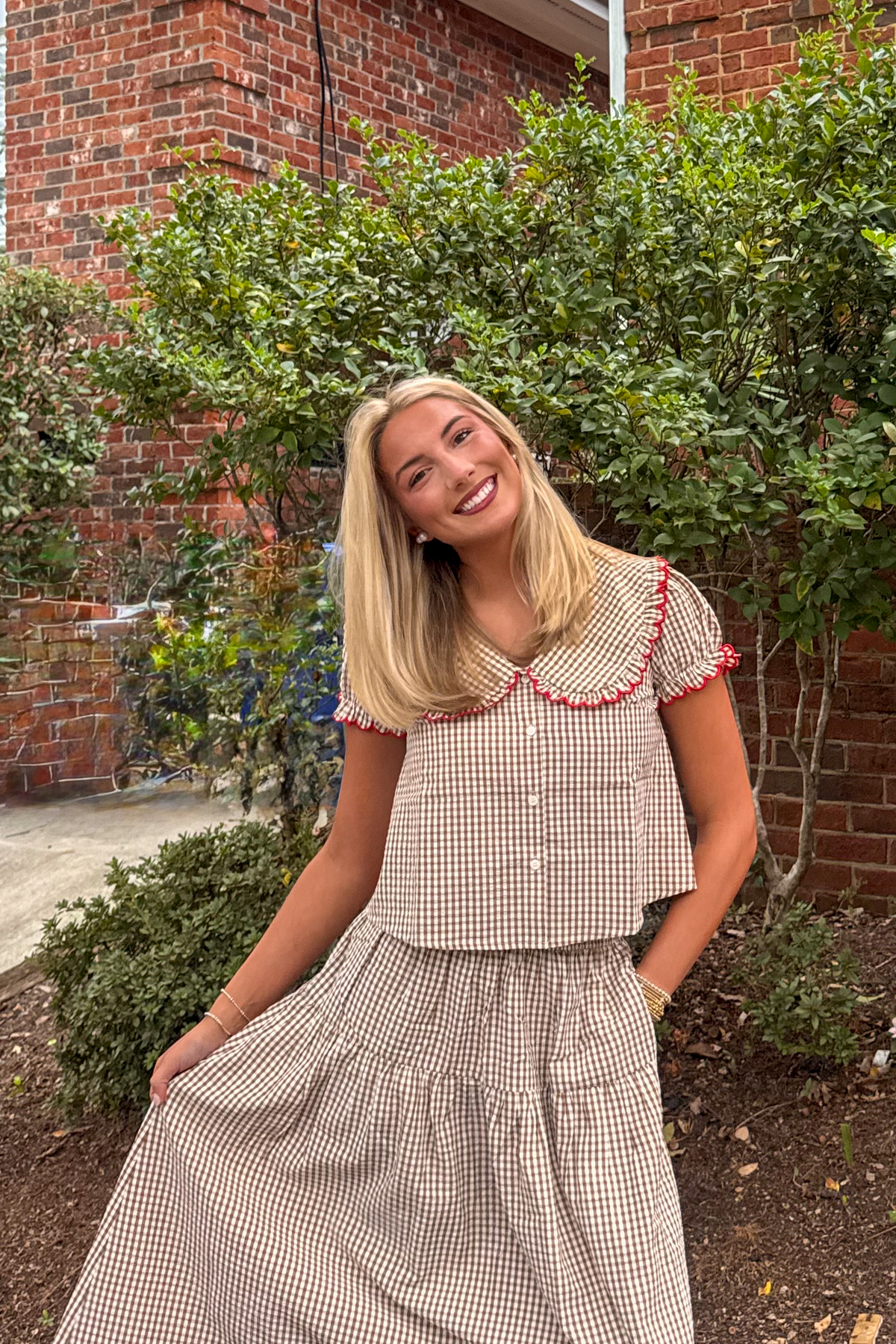 Two-Piece Gingham Set - Blouse & Maxi Skirt
