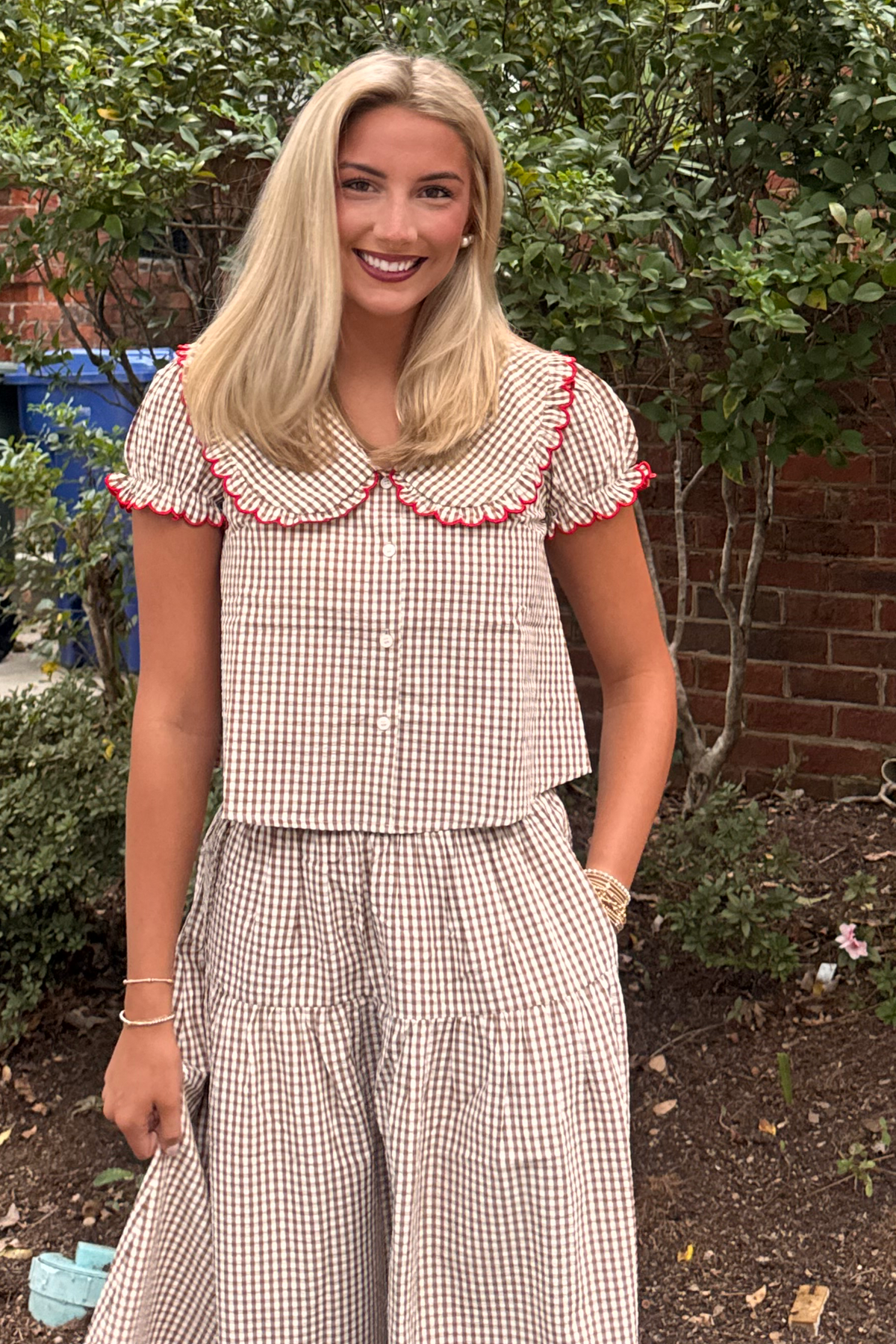 Two-Piece Gingham Set - Blouse & Maxi Skirt