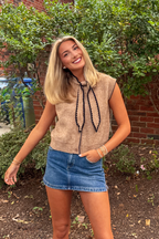 Scallop-Trim Tie-Neck Ribbed Knit Vest
