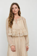 Plaid Smocked Neckline Front Tie Puff Sleeve Top