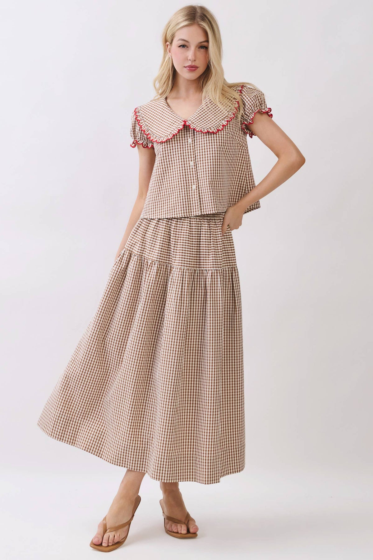 Two-Piece Gingham Set - Blouse & Maxi Skirt