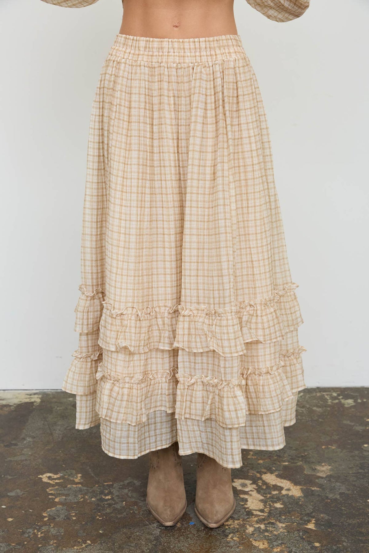 Plaid Ruffled Tiered Hem Midi Skirt